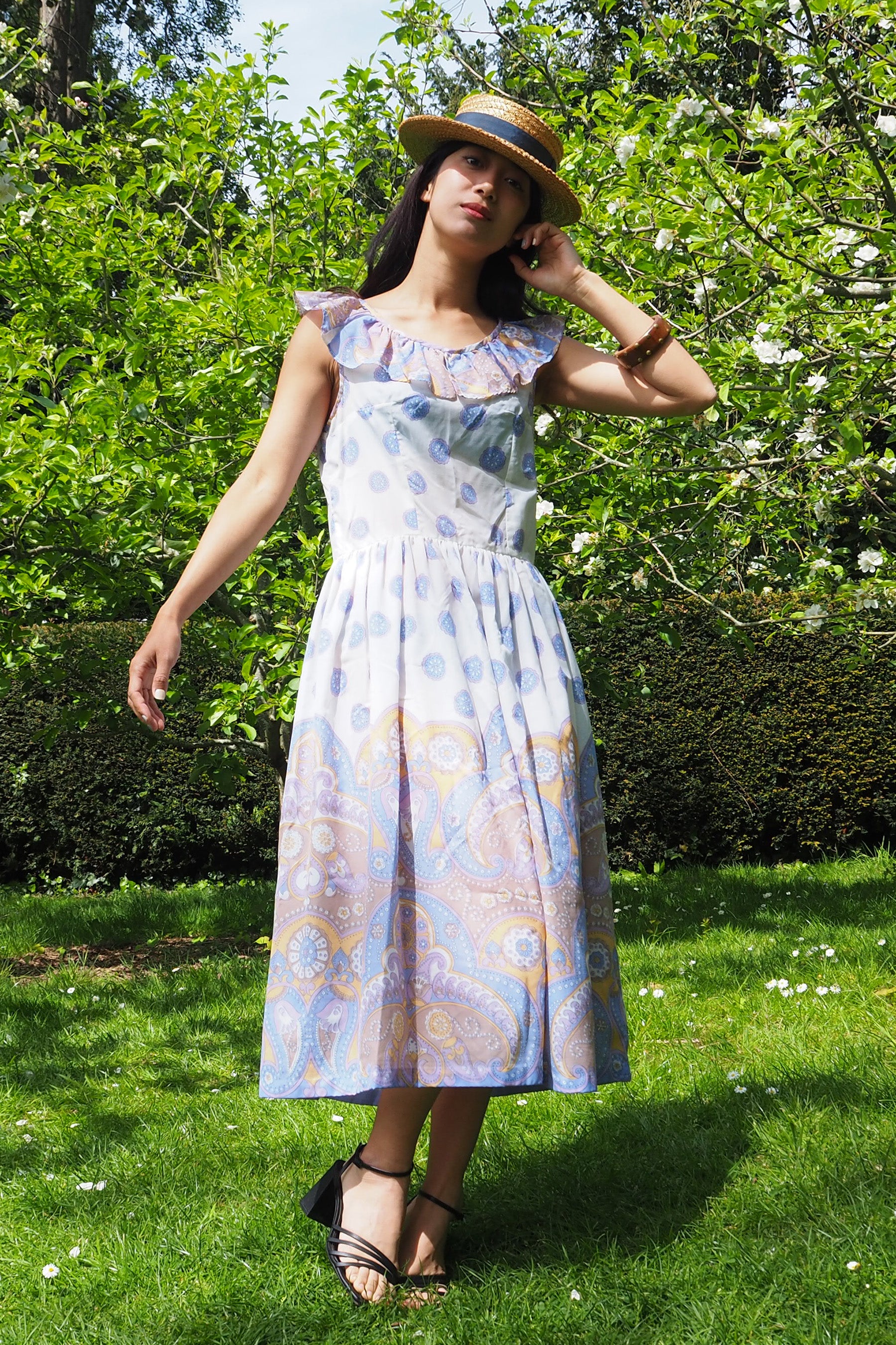 70's Paisley Ruffle Dress White/Blue