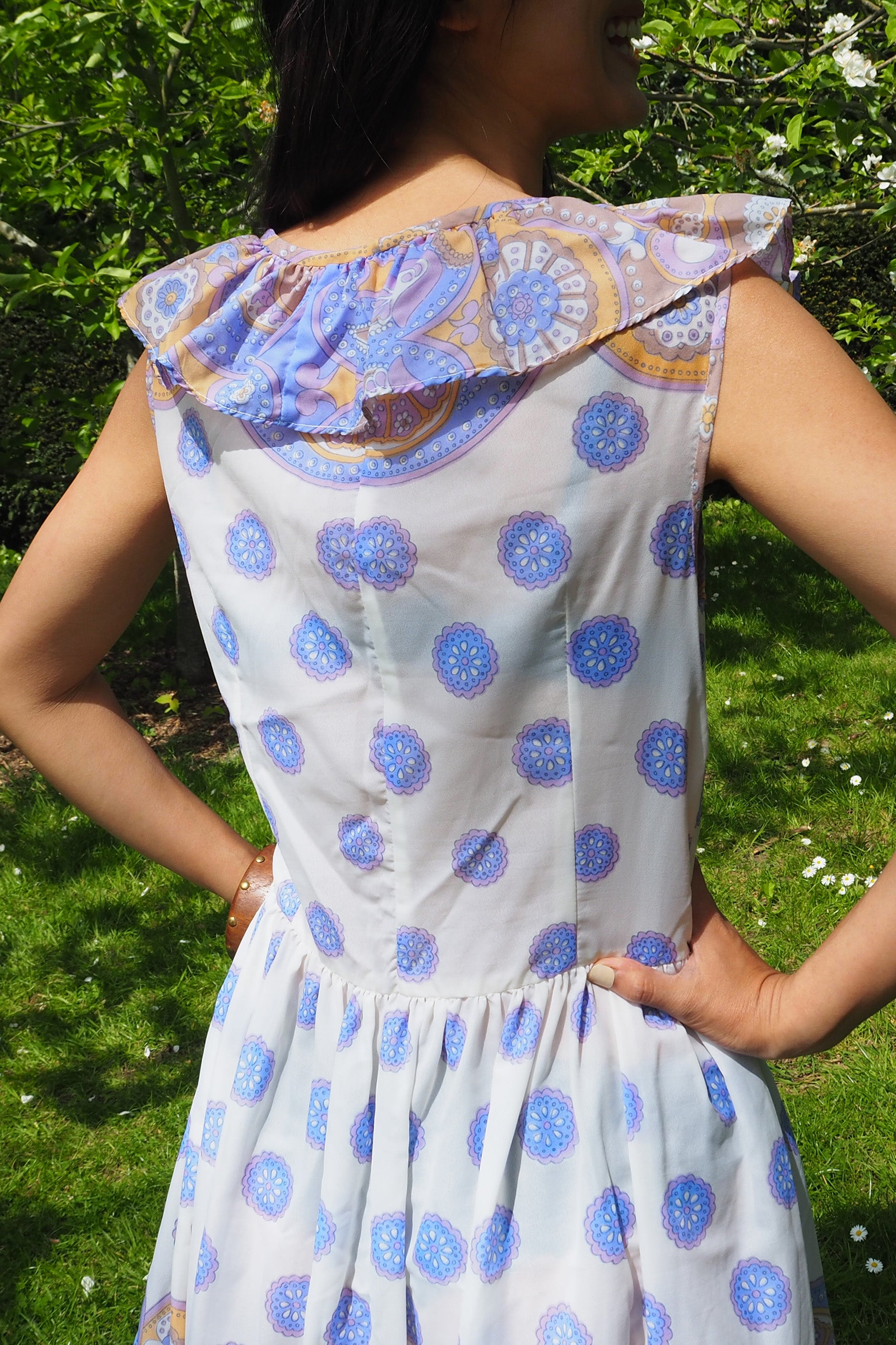 70's Paisley Ruffle Dress White/Blue