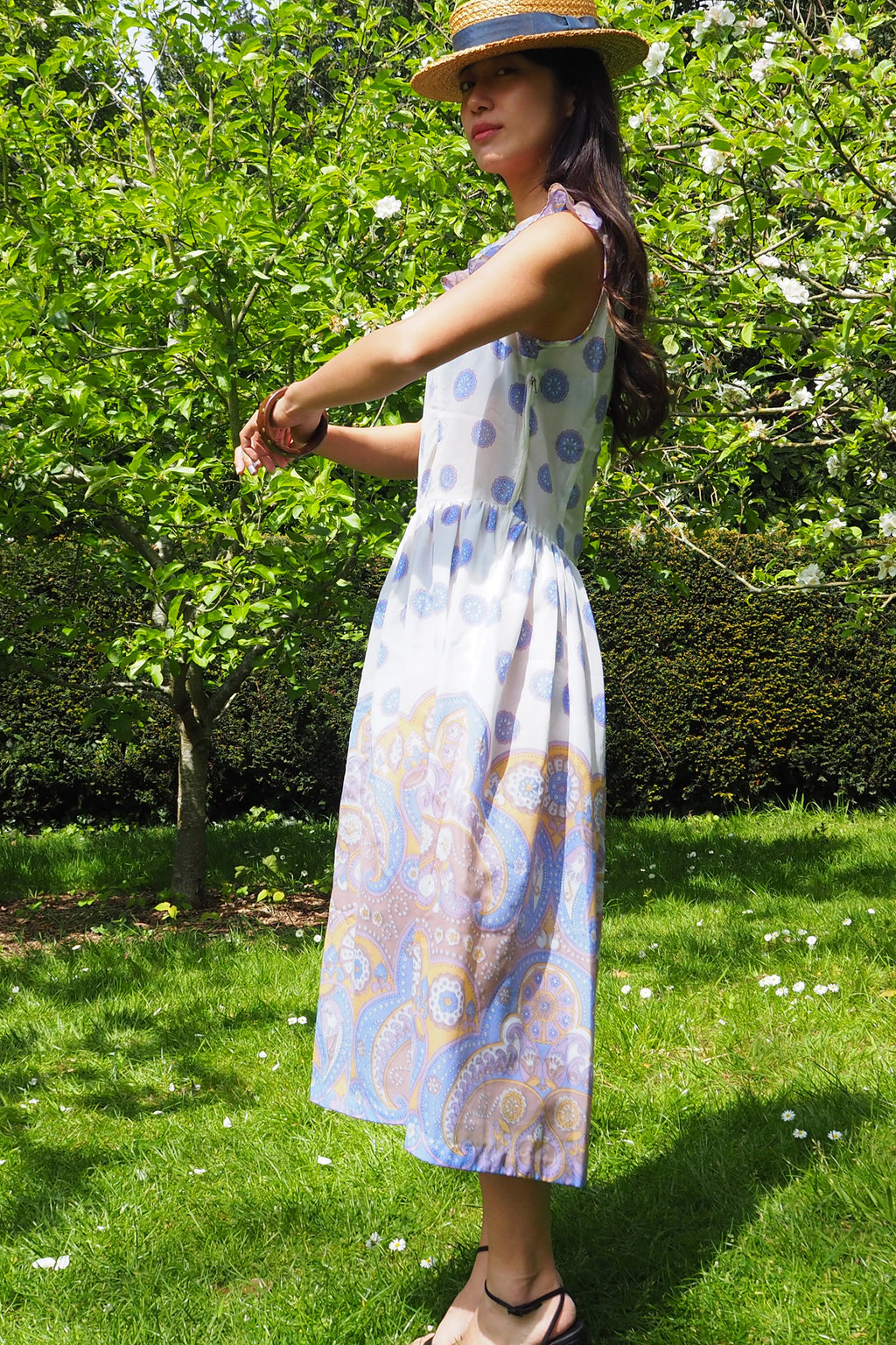 70's Paisley Ruffle Dress White/Blue