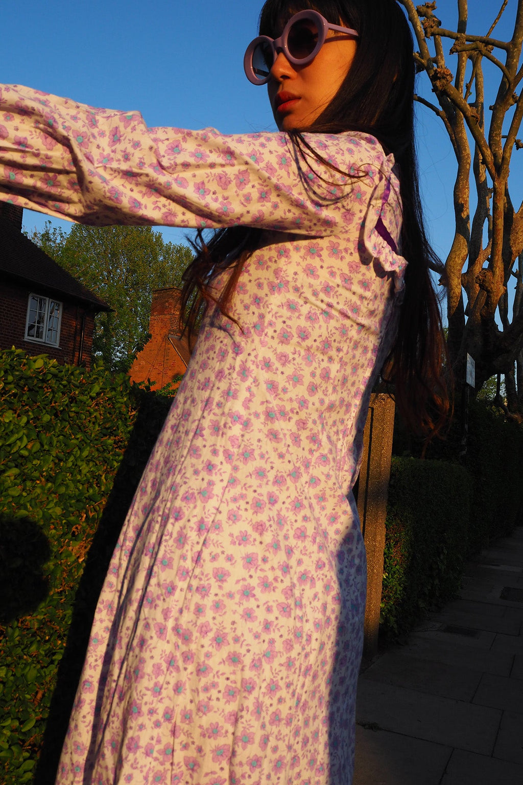 70's Flower Maxi Dress London Vintage | Victorian Square Yoke High Neck