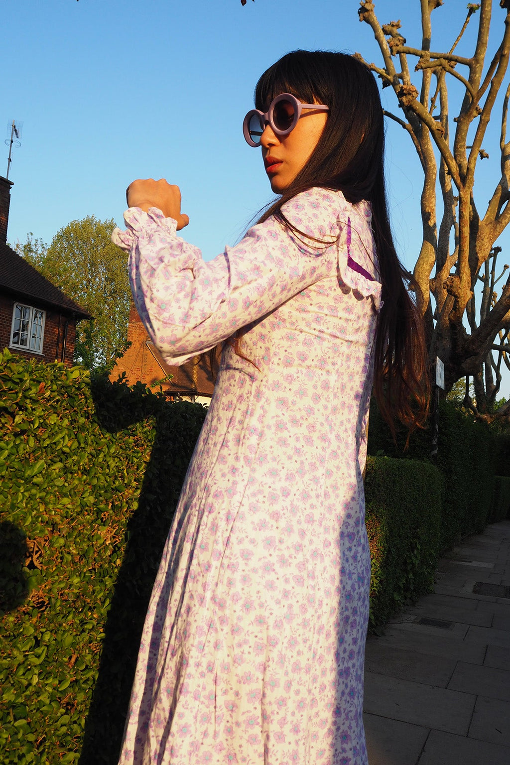 70's Flower Maxi Dress London Vintage | Victorian Square Yoke High Neck