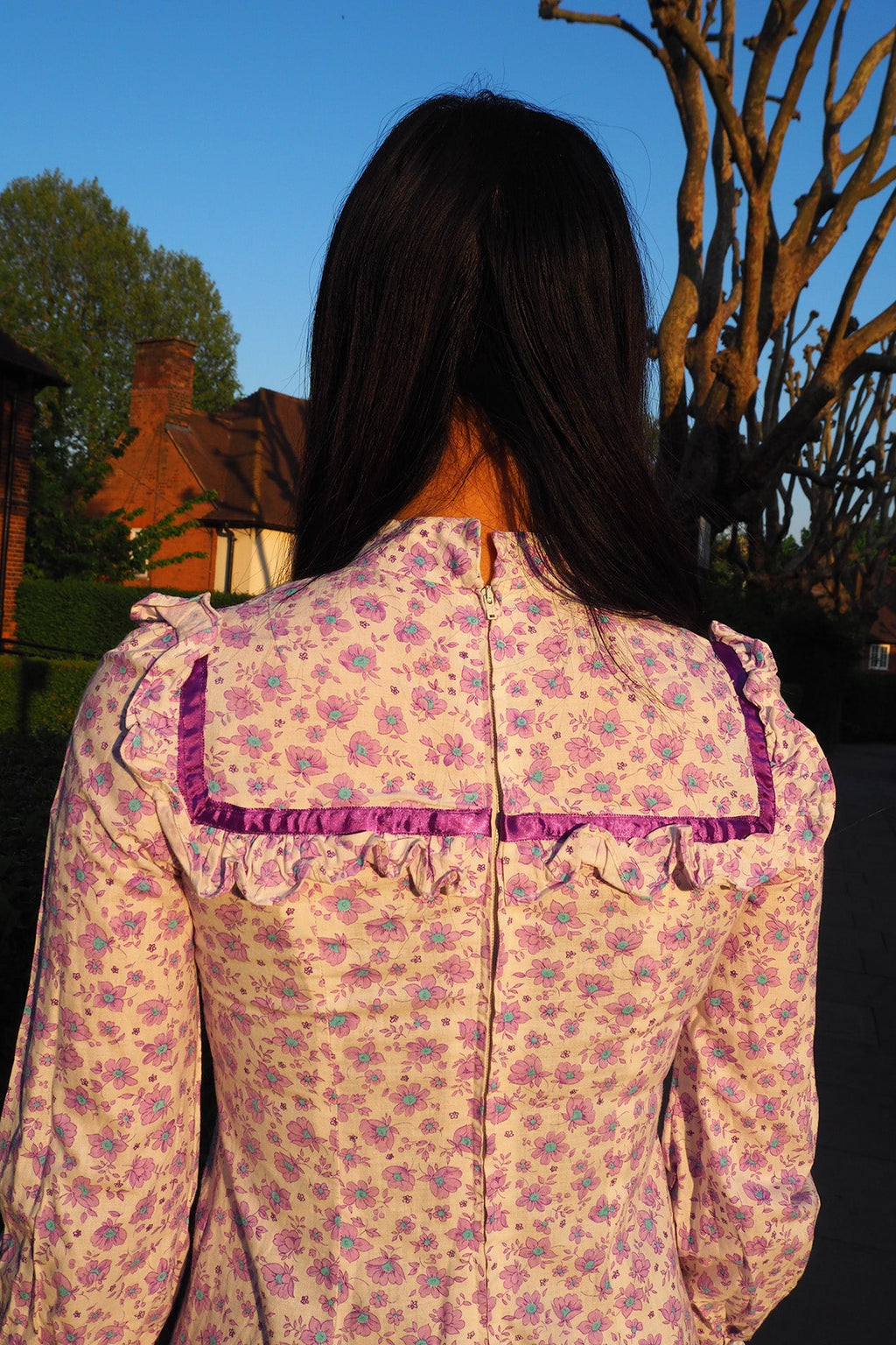 70's Flower Maxi Dress London Vintage | Victorian Square Yoke High Neck