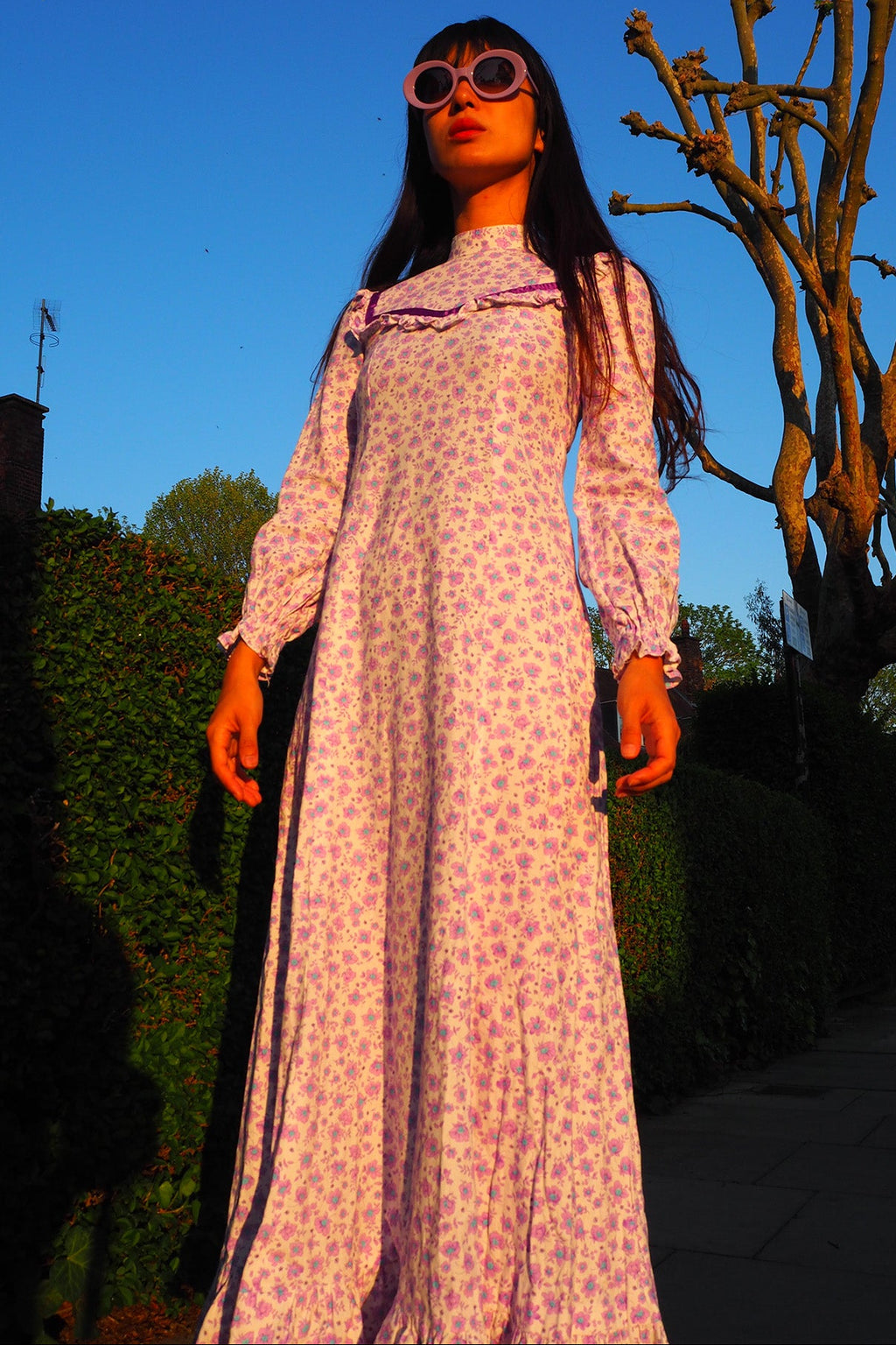 70's Flower Maxi Dress London Vintage | Victorian Square Yoke High Neck