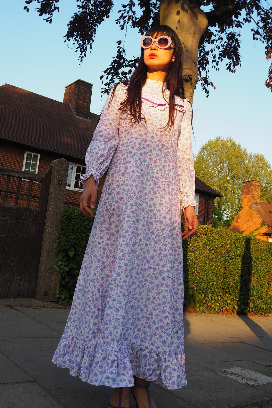 70's Flower Maxi Dress London Vintage | Victorian Square Yoke High Neck