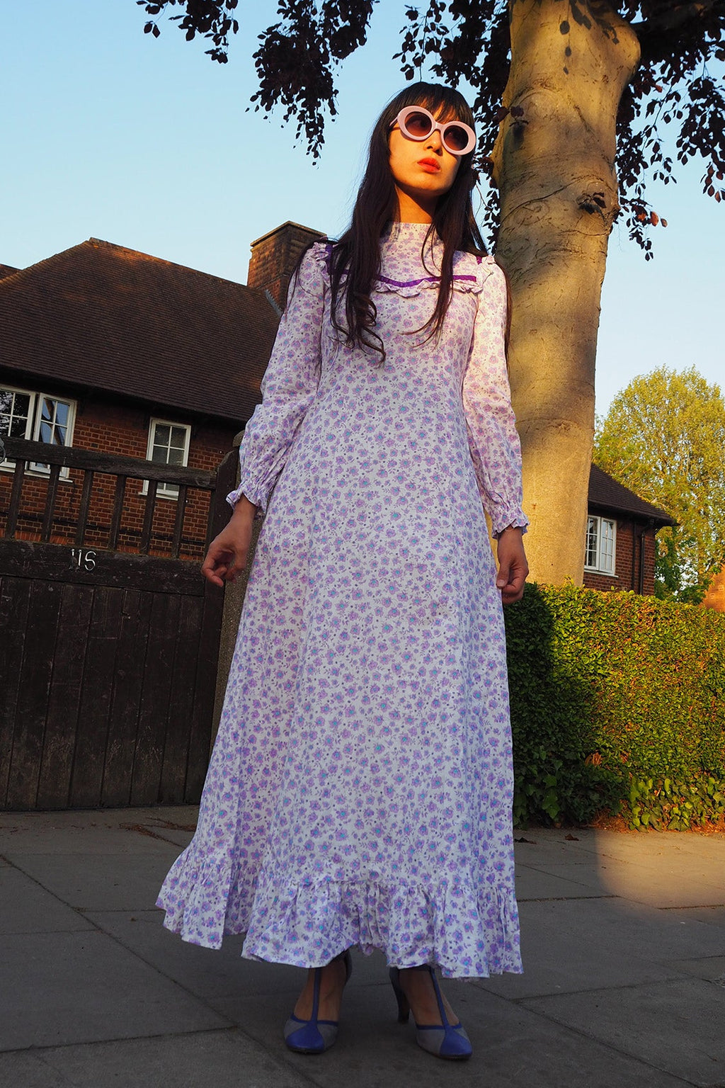 70's Flower Maxi Dress London Vintage | Victorian Square Yoke High Neck