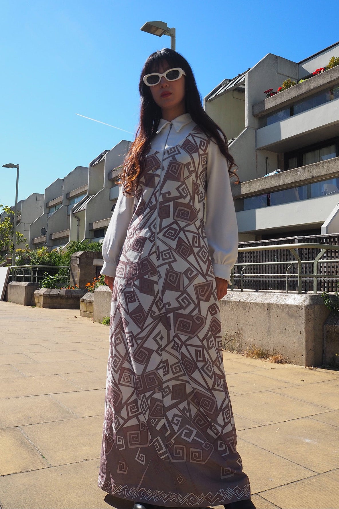 70's Geometric Maxi Dress London Vintage | Bold Pattern Zip Front Dress
