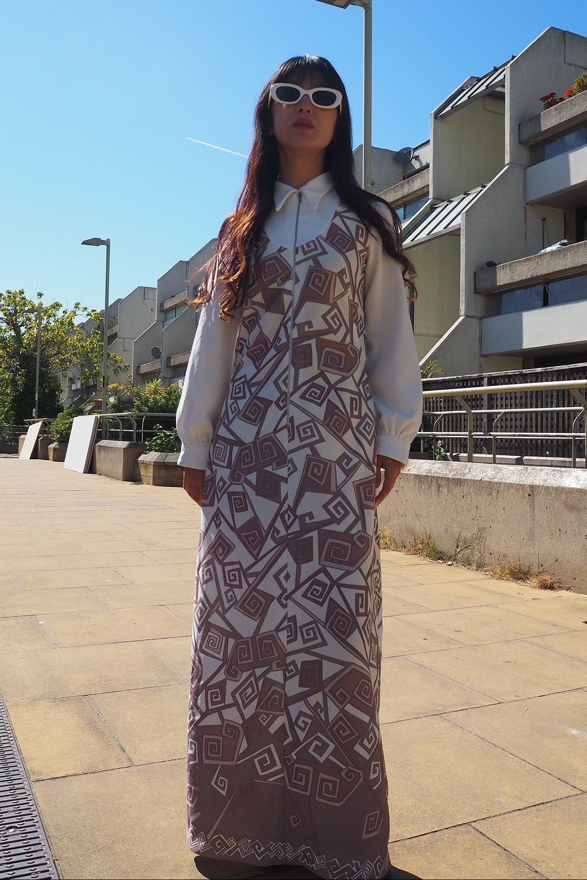 70's Geometric Maxi Dress London Vintage | Bold Pattern Zip Front Dress