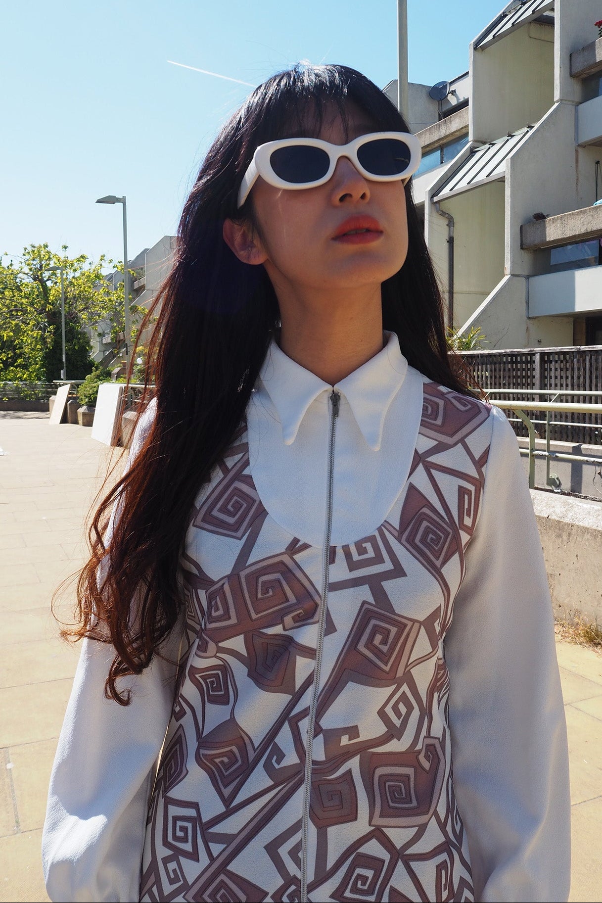 70's Geometric Maxi Dress London Vintage | Bold Pattern Zip Front Dress