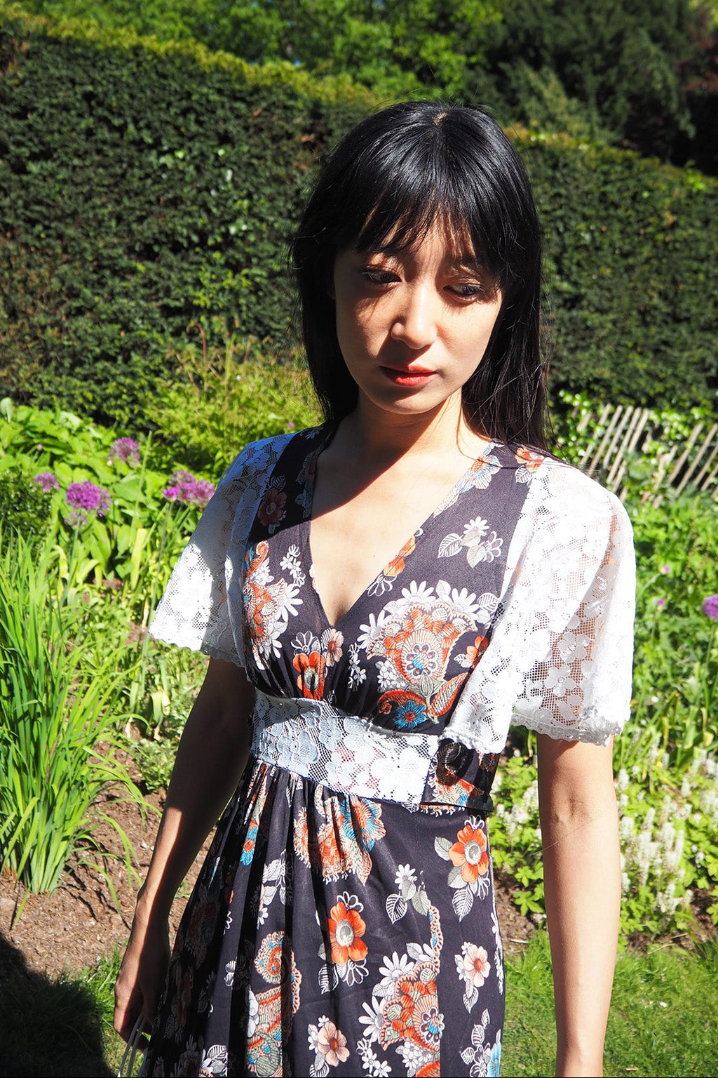 70's Flower Dress London Vintage | Bohemian Lace Bell Sleeve Maxi