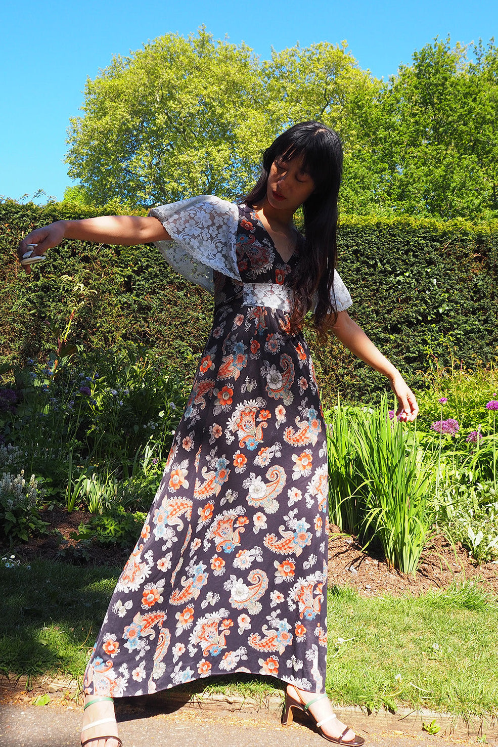70's Flower Dress London Vintage | Bohemian Lace Bell Sleeve Maxi