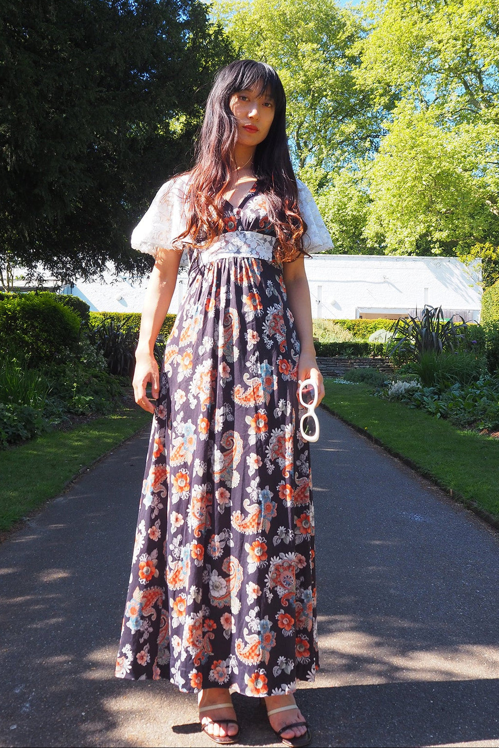 70's Flower Dress London Vintage | Bohemian Lace Bell Sleeve Maxi