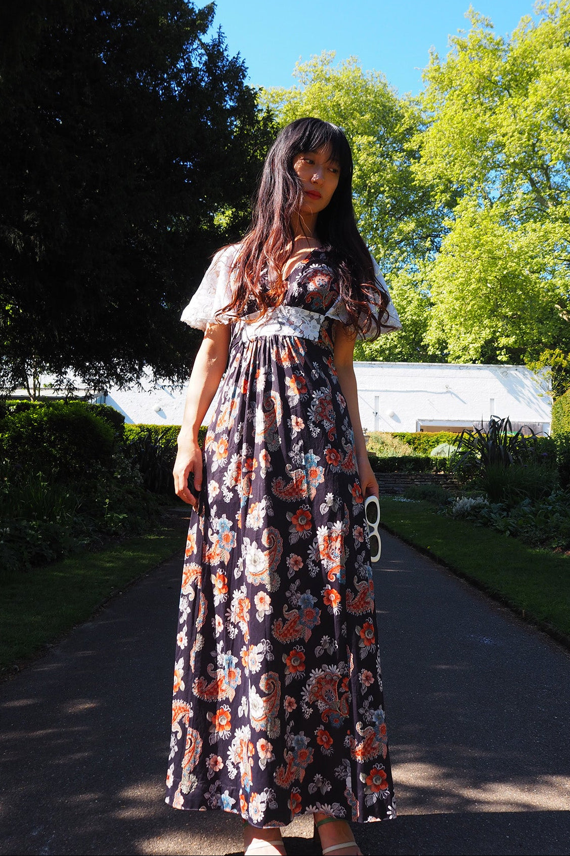 70's Flower Dress London Vintage | Bohemian Lace Bell Sleeve Maxi