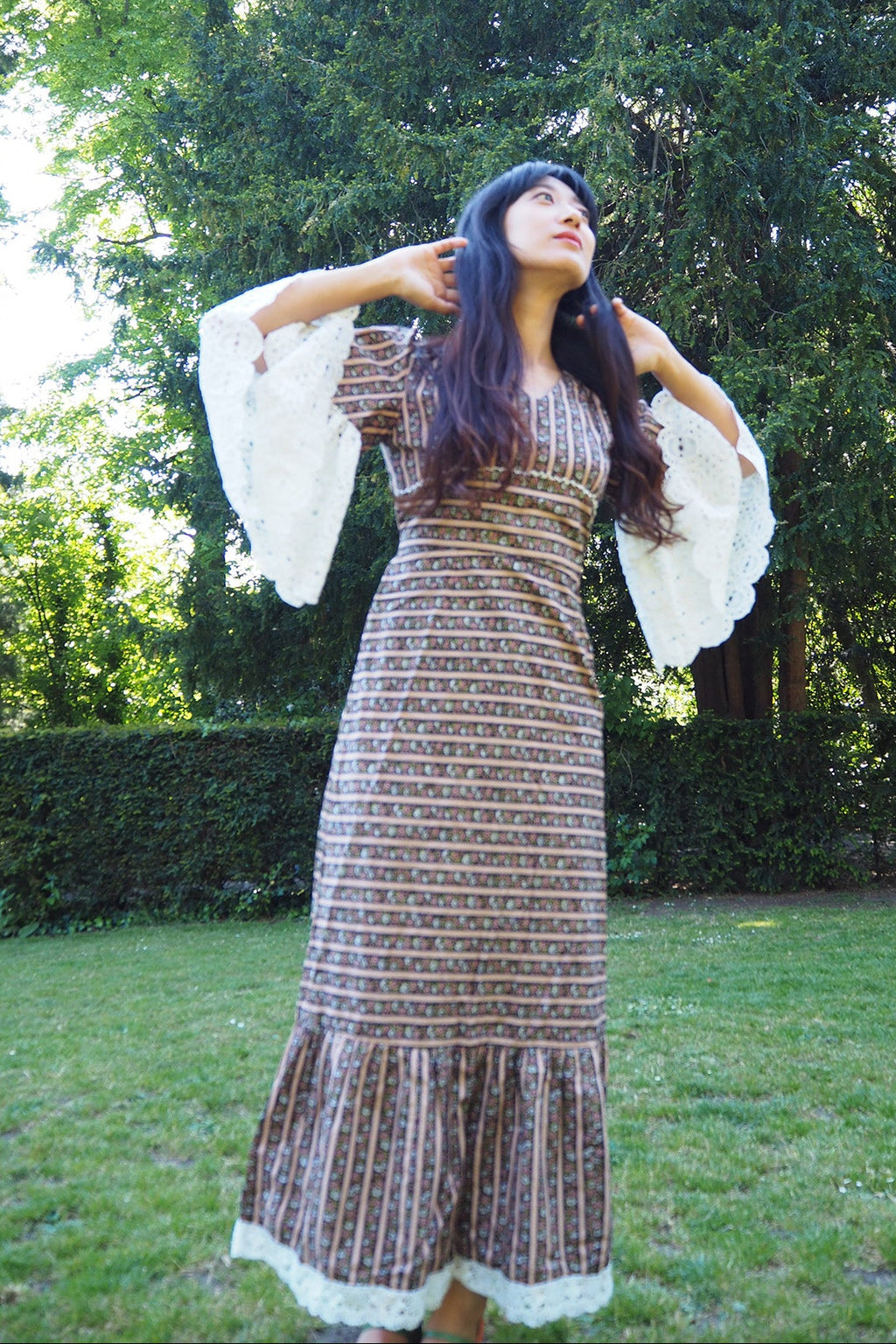 70's Lace Flower Dress Barrie London | Eyelet Lace Bell Sleeve Maxi