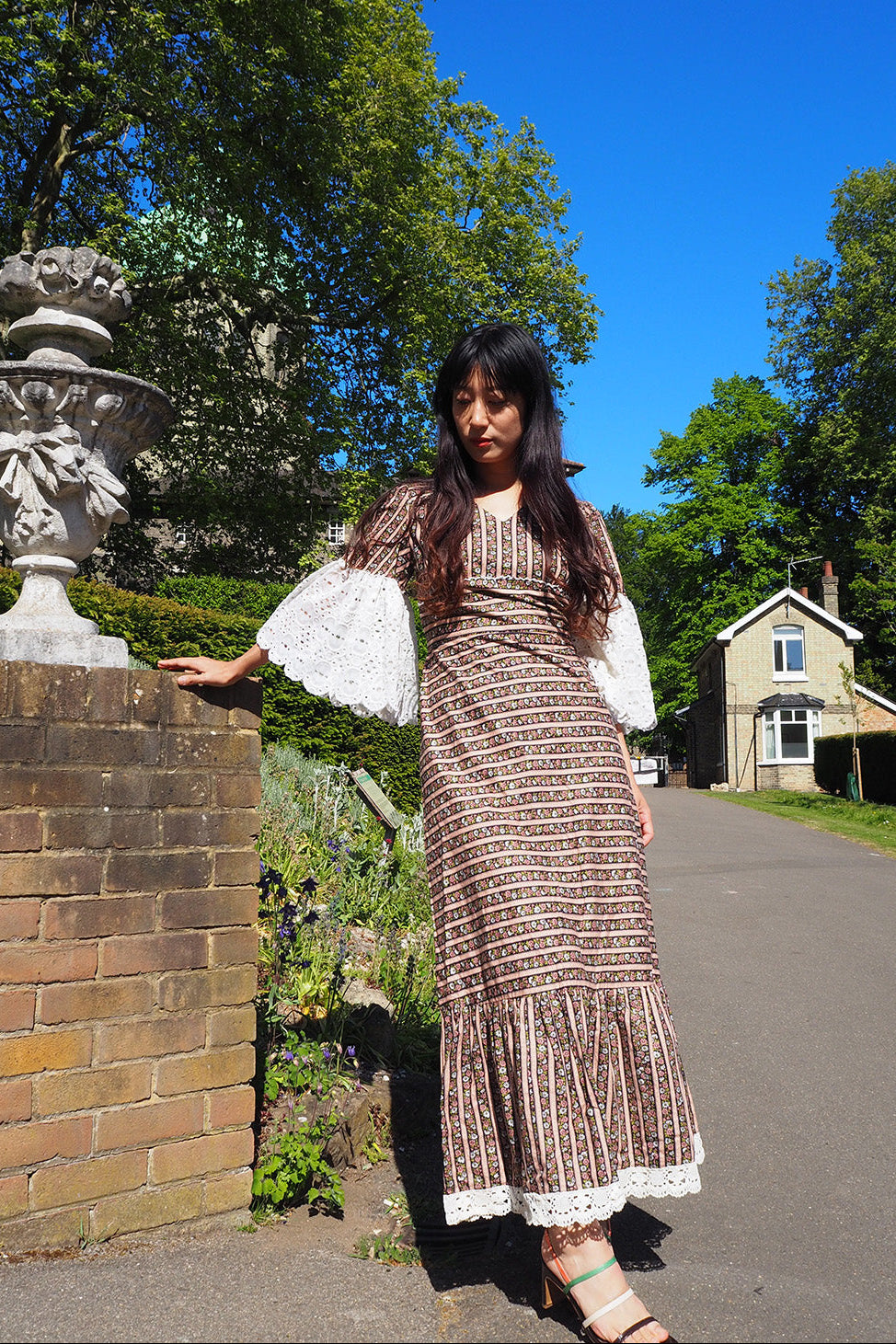 70's Lace Flower Dress Barrie London | Eyelet Lace Bell Sleeve Maxi