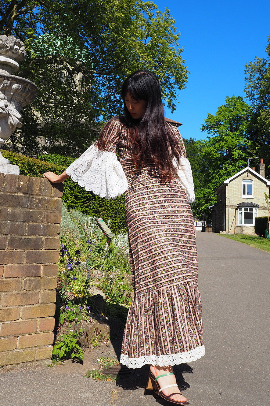 70's Lace Flower Dress Barrie London | Eyelet Lace Bell Sleeve Maxi