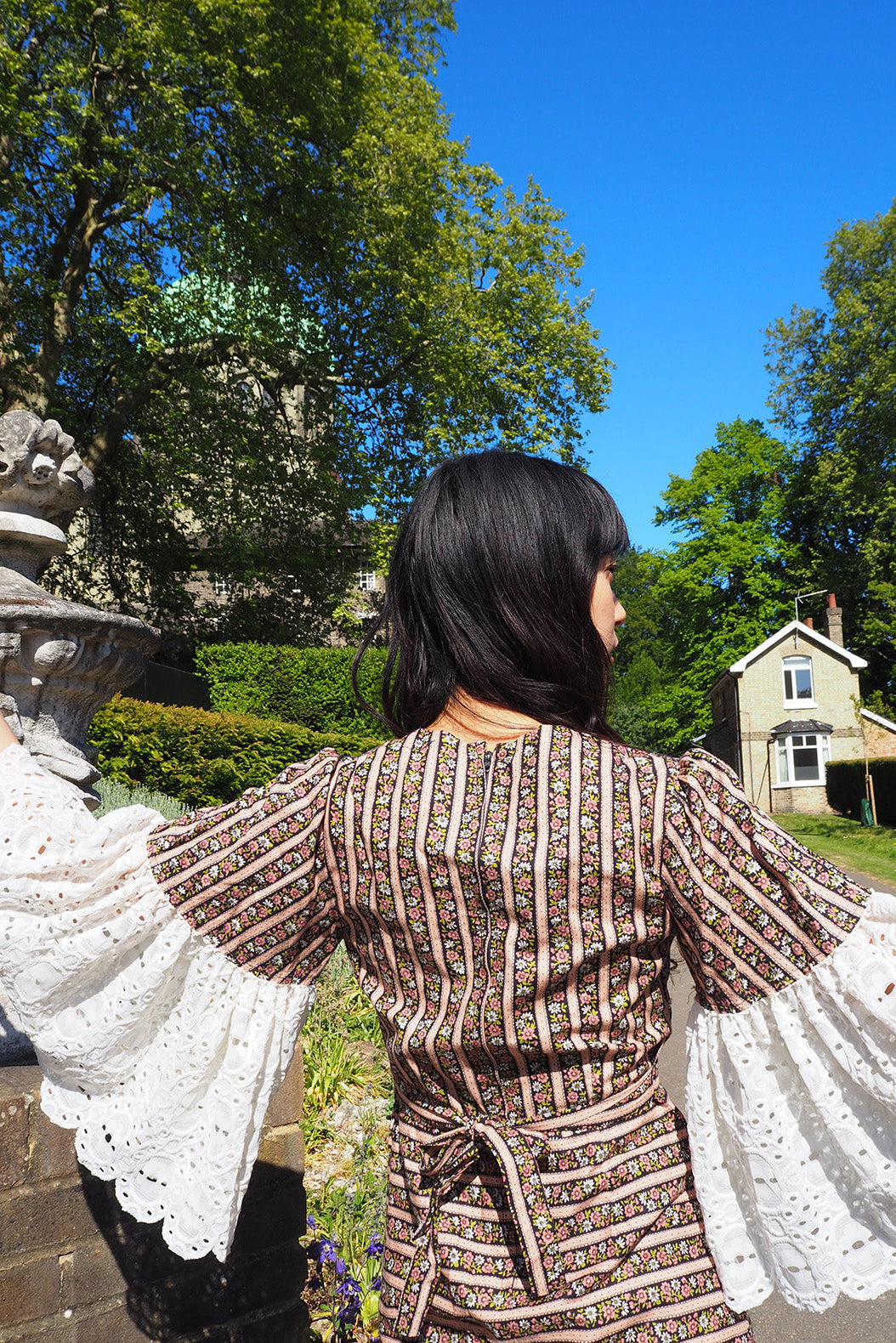 70's Lace Flower Dress Barrie London | Eyelet Lace Bell Sleeve Maxi
