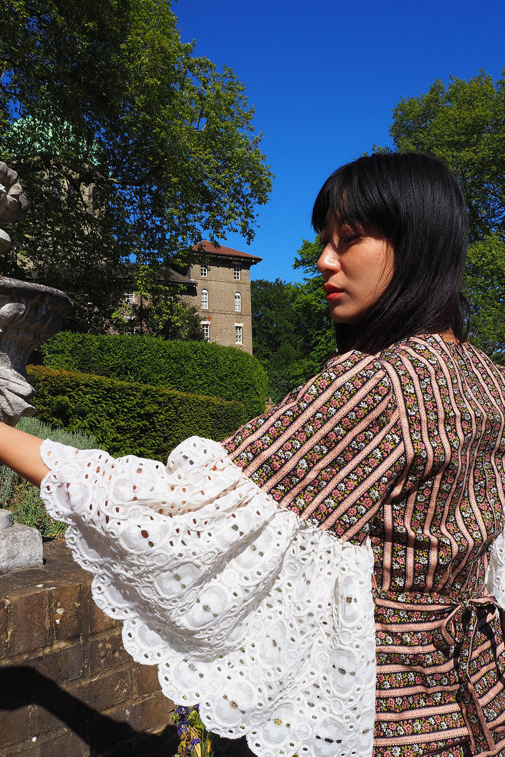 70's Lace Flower Dress Barrie London | Eyelet Lace Bell Sleeve Maxi