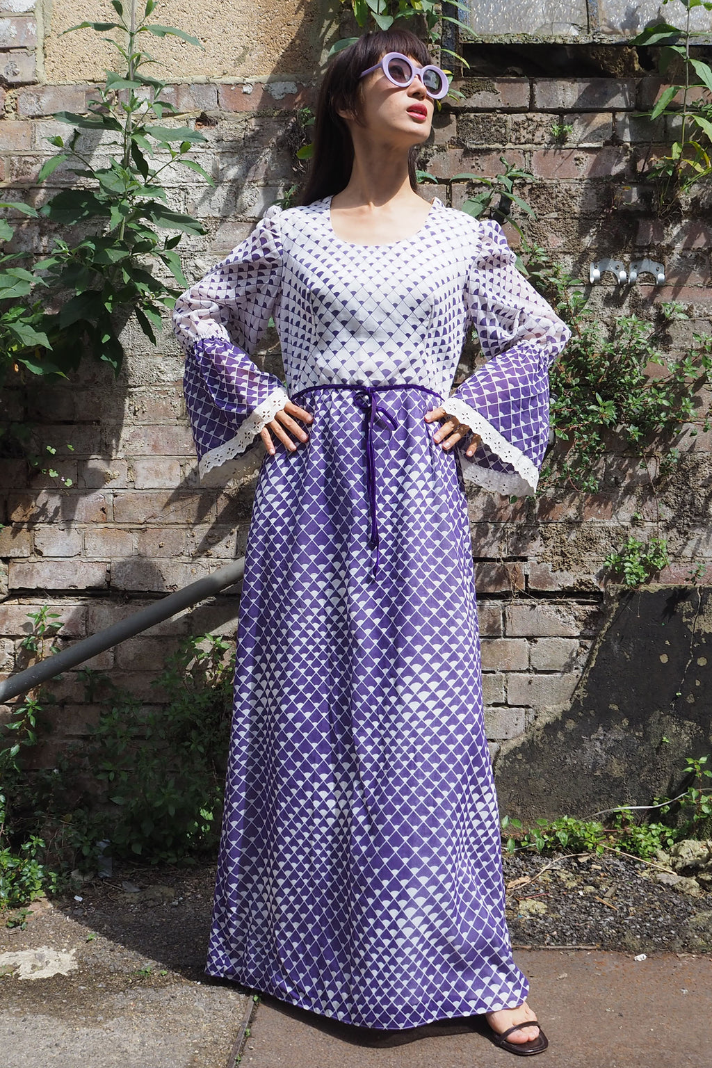 70's Geometric Empire Line Dress Purple/White