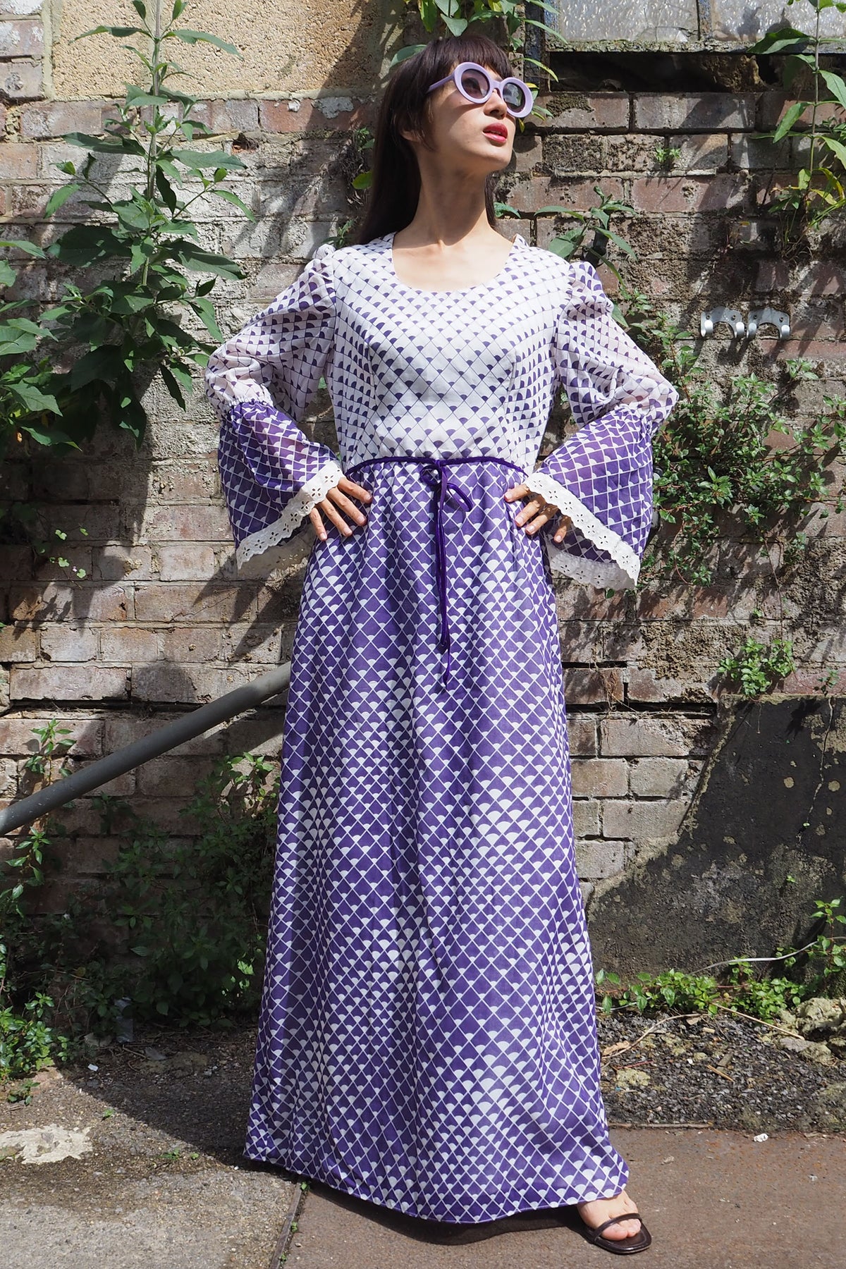70's Geometric Empire Line Dress Purple/White