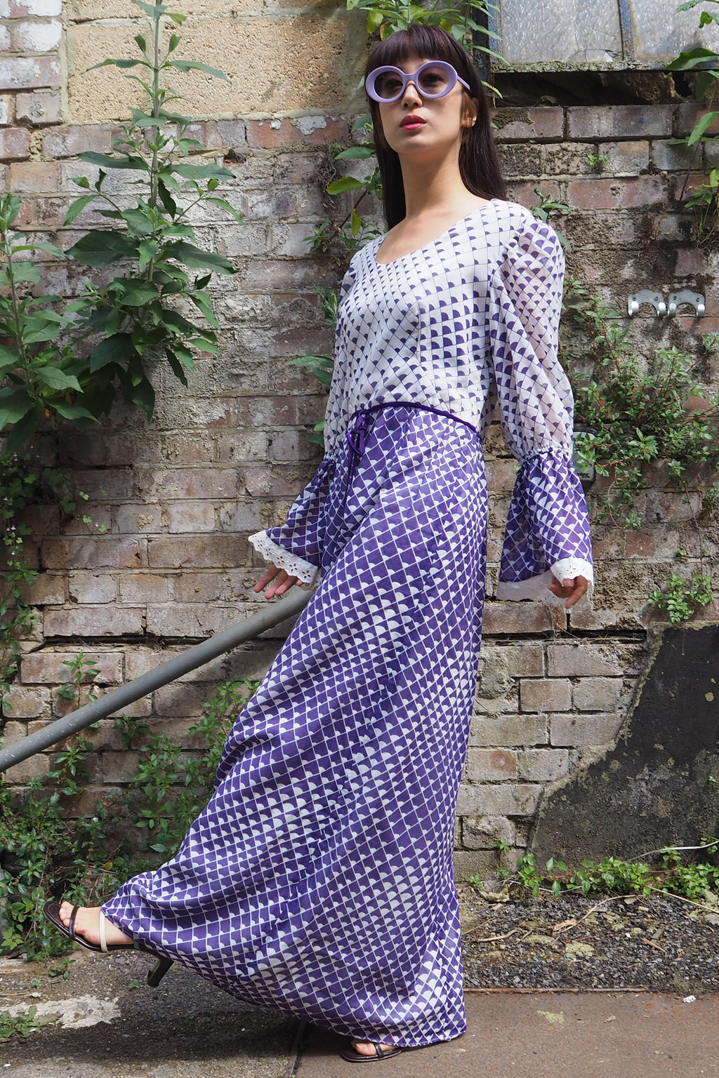 70's Geometric Empire Line Dress Purple/White