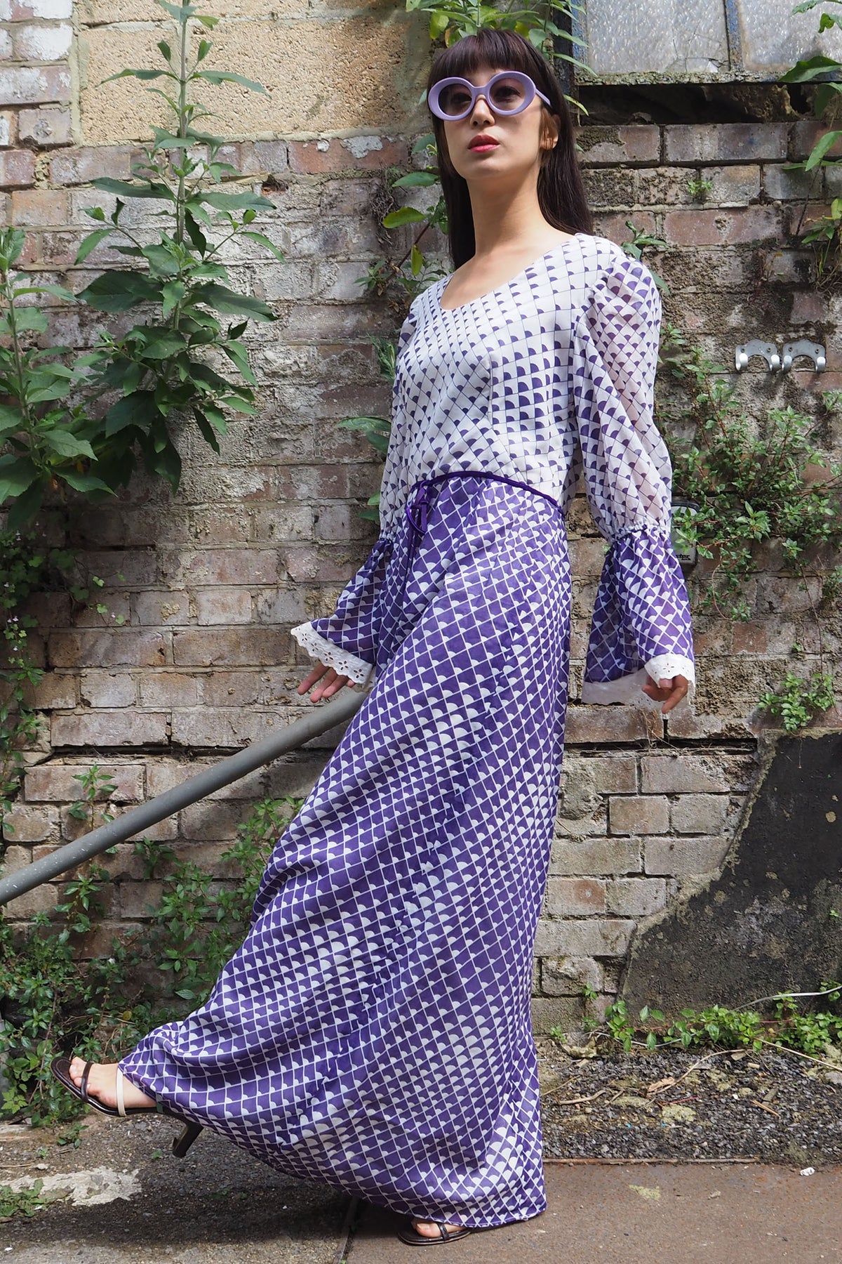 70's Geometric Empire Line Dress Purple/White