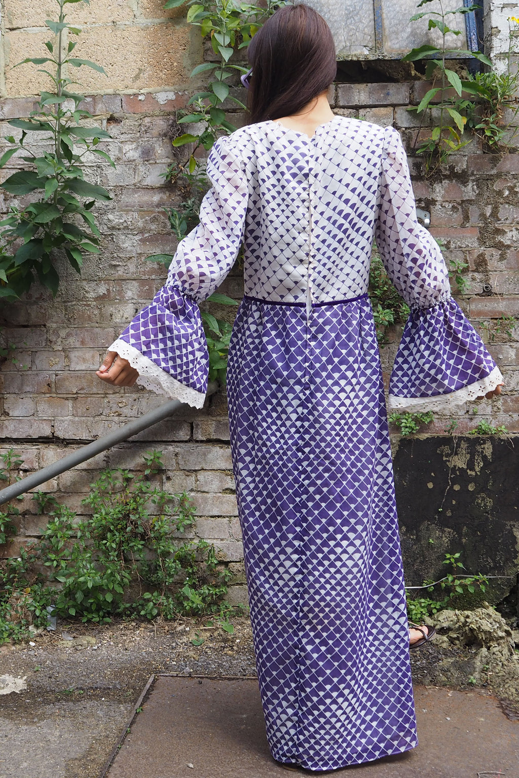 70's Geometric Empire Line Dress Purple/White
