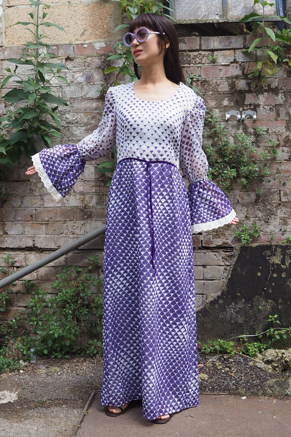 70's Geometric Empire Line Dress Purple/White