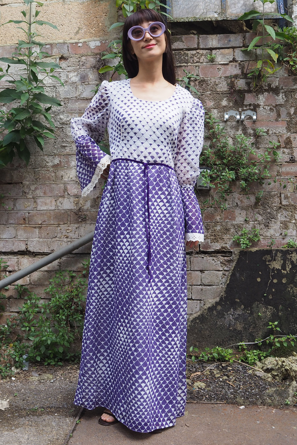 70's Geometric Empire Line Dress Purple/White