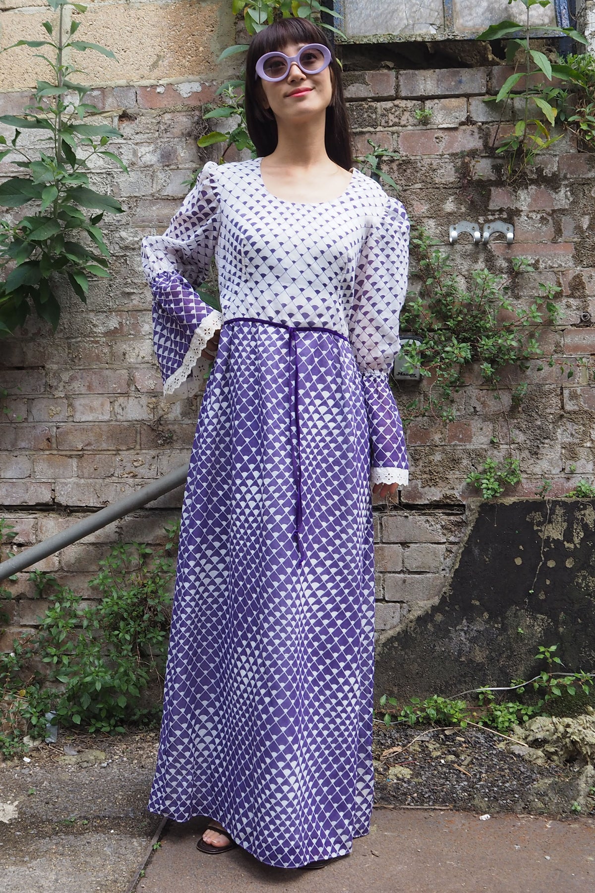 70's Geometric Empire Line Dress Purple/White