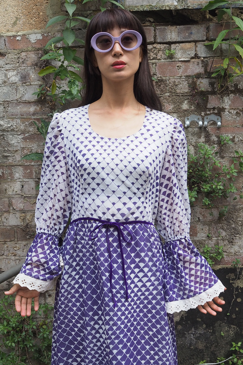70's Geometric Empire Line Dress Purple/White