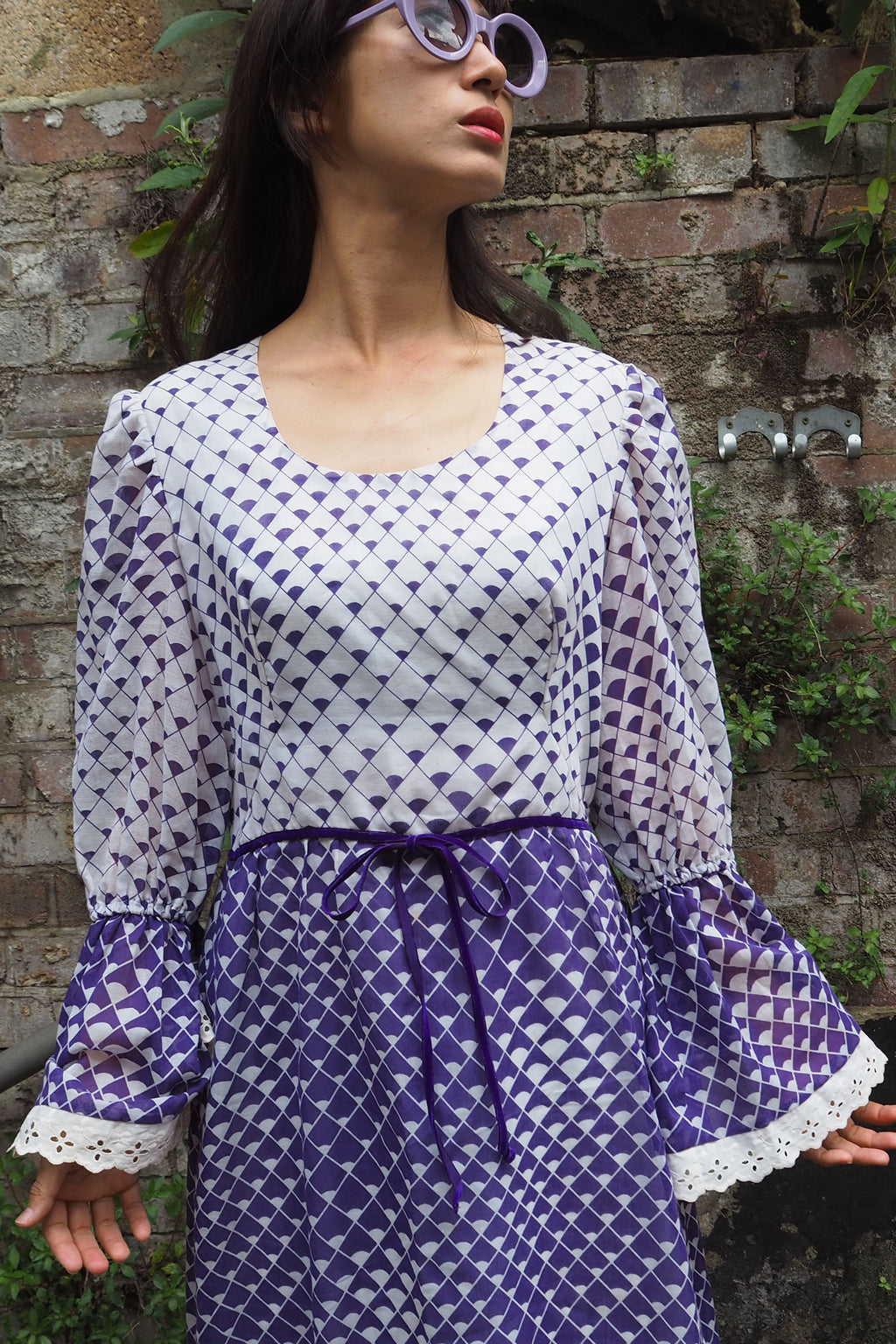 70's Geometric Empire Line Dress Purple/White