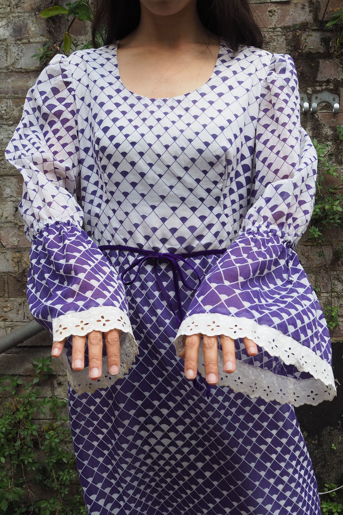 70's Geometric Empire Line Dress Purple/White