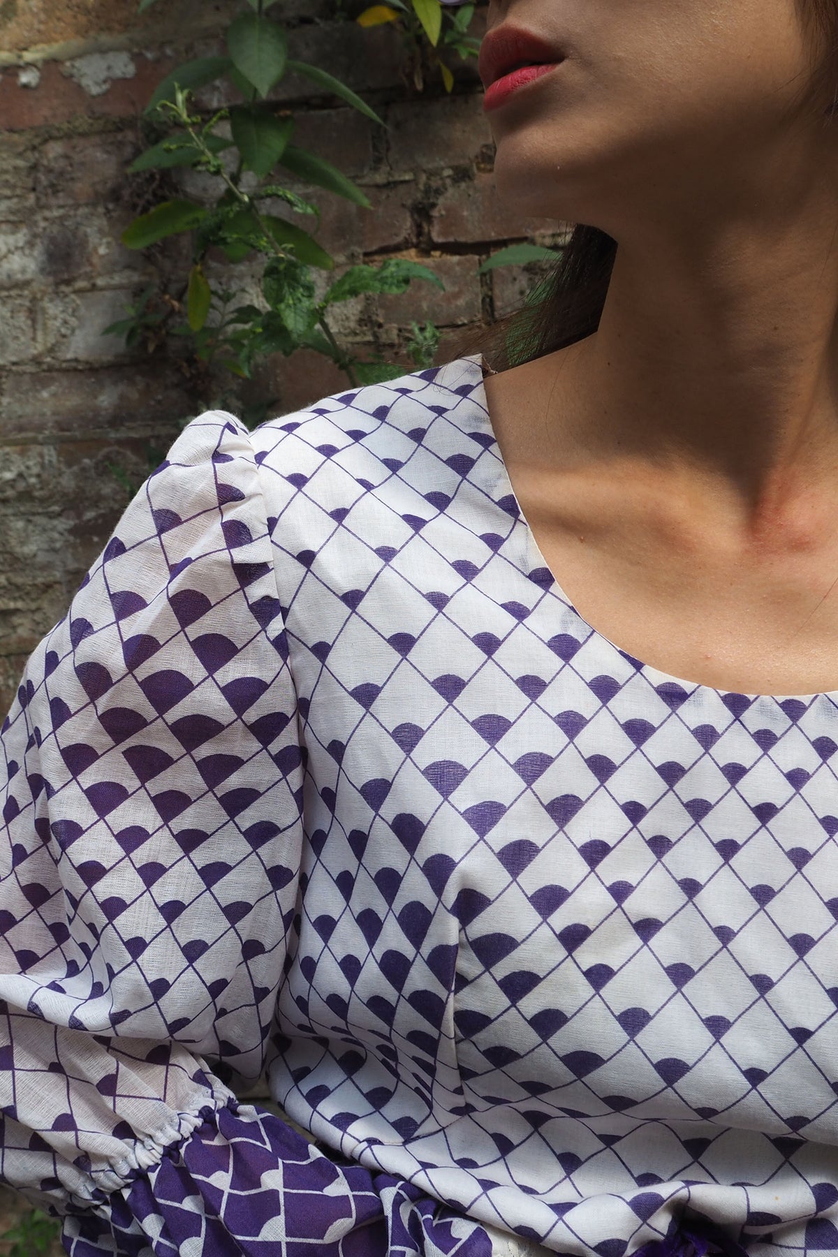 70's Geometric Empire Line Dress Purple/White