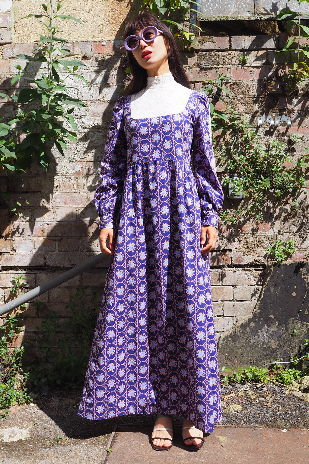 70's SHELANA of London Victorian Style Maxi Dress Navy/Purple