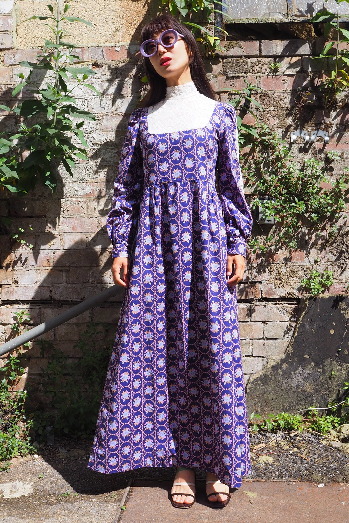 70's SHELANA of London Victorian Style Maxi Dress Navy/Purple