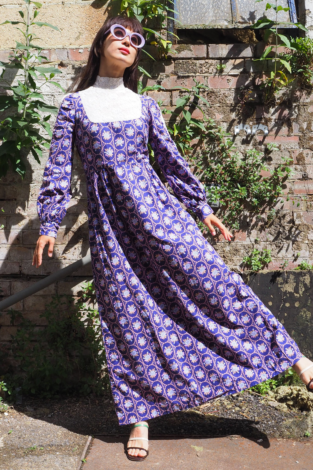 70's SHELANA of London Victorian Style Maxi Dress Navy/Purple