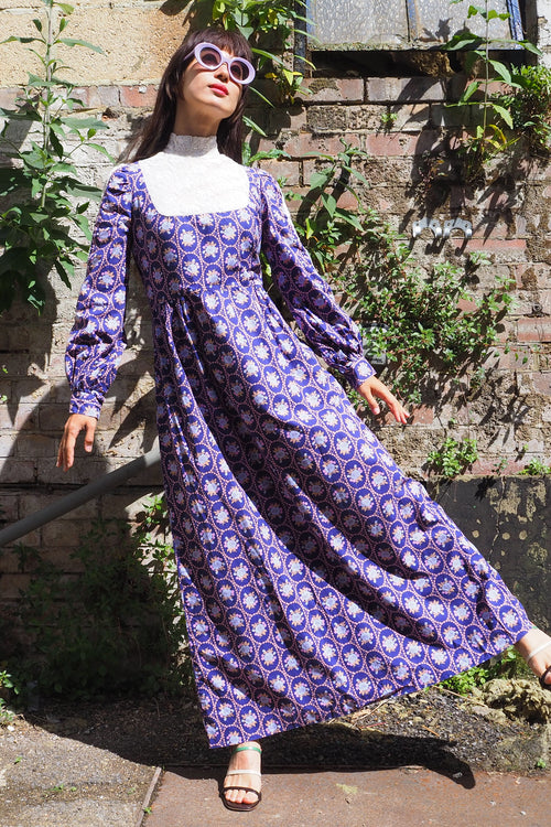 70's SHELANA of London Victorian Style Maxi Dress Navy/Purple