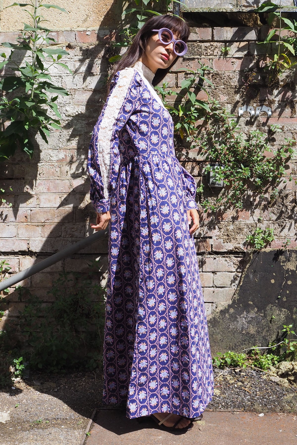 70's SHELANA of London Victorian Style Maxi Dress Navy/Purple
