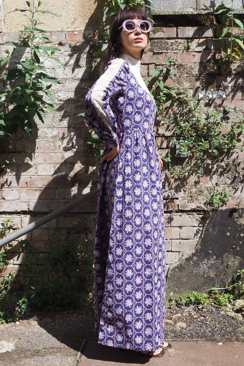 70's SHELANA of London Victorian Style Maxi Dress Navy/Purple