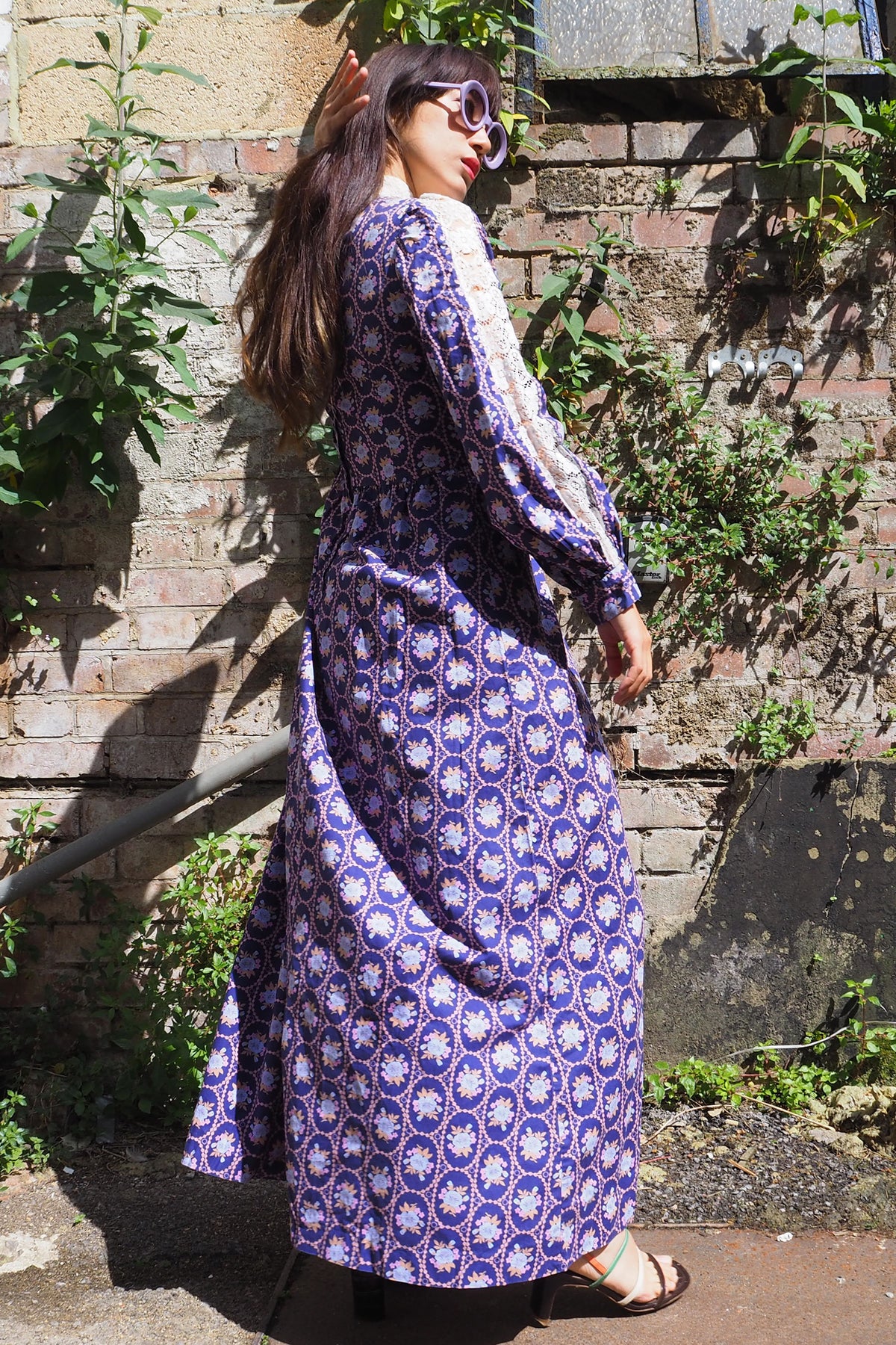 70's SHELANA of London Victorian Style Maxi Dress Navy/Purple