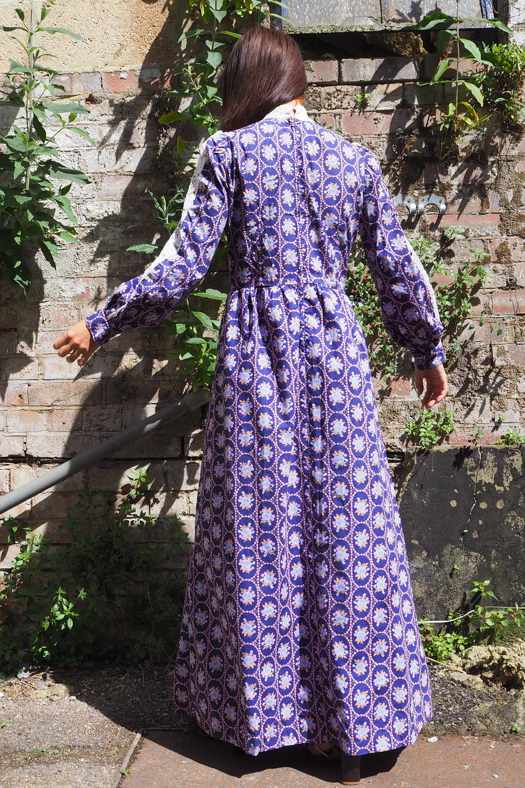 70's SHELANA of London Victorian Style Maxi Dress Navy/Purple