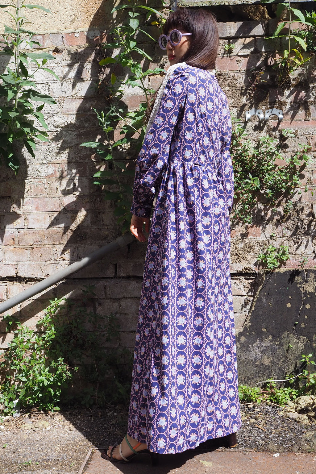 70's SHELANA of London Victorian Style Maxi Dress Navy/Purple