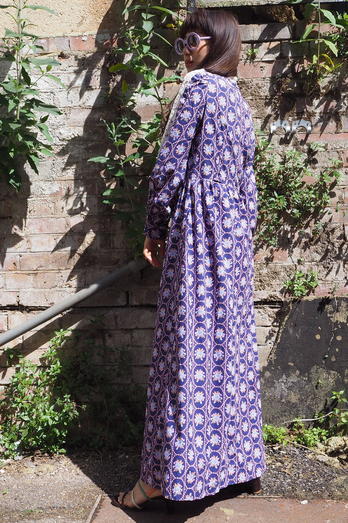 70's SHELANA of London Victorian Style Maxi Dress Navy/Purple