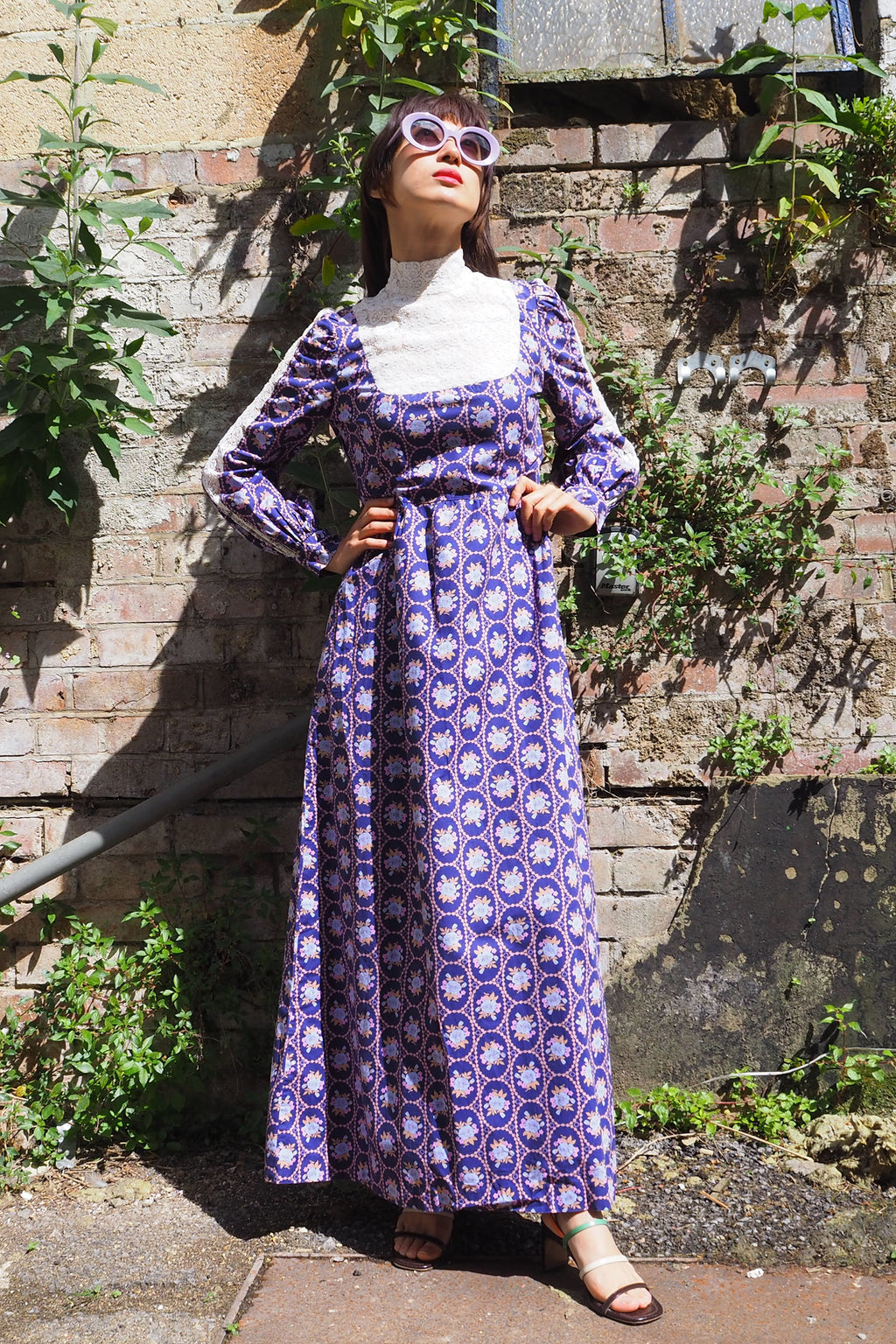 70's SHELANA of London Victorian Style Maxi Dress Navy/Purple