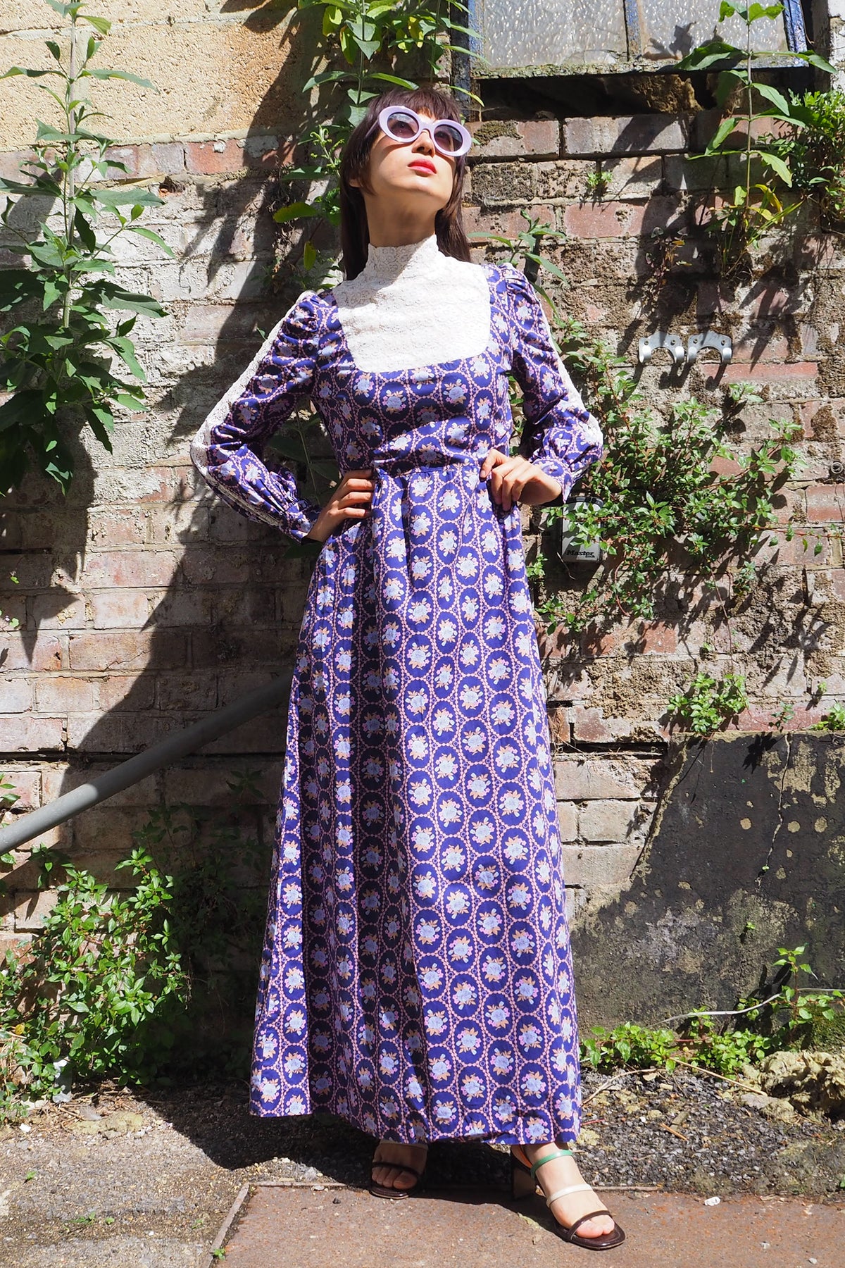 70's SHELANA of London Victorian Style Maxi Dress Navy/Purple