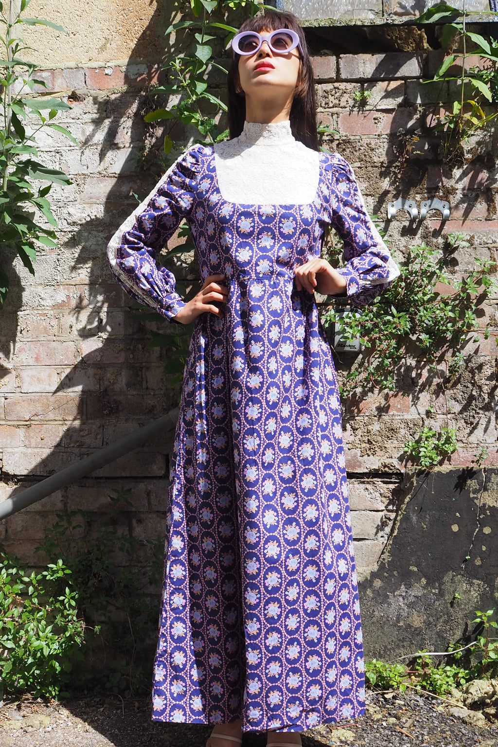 70's SHELANA of London Victorian Style Maxi Dress Navy/Purple