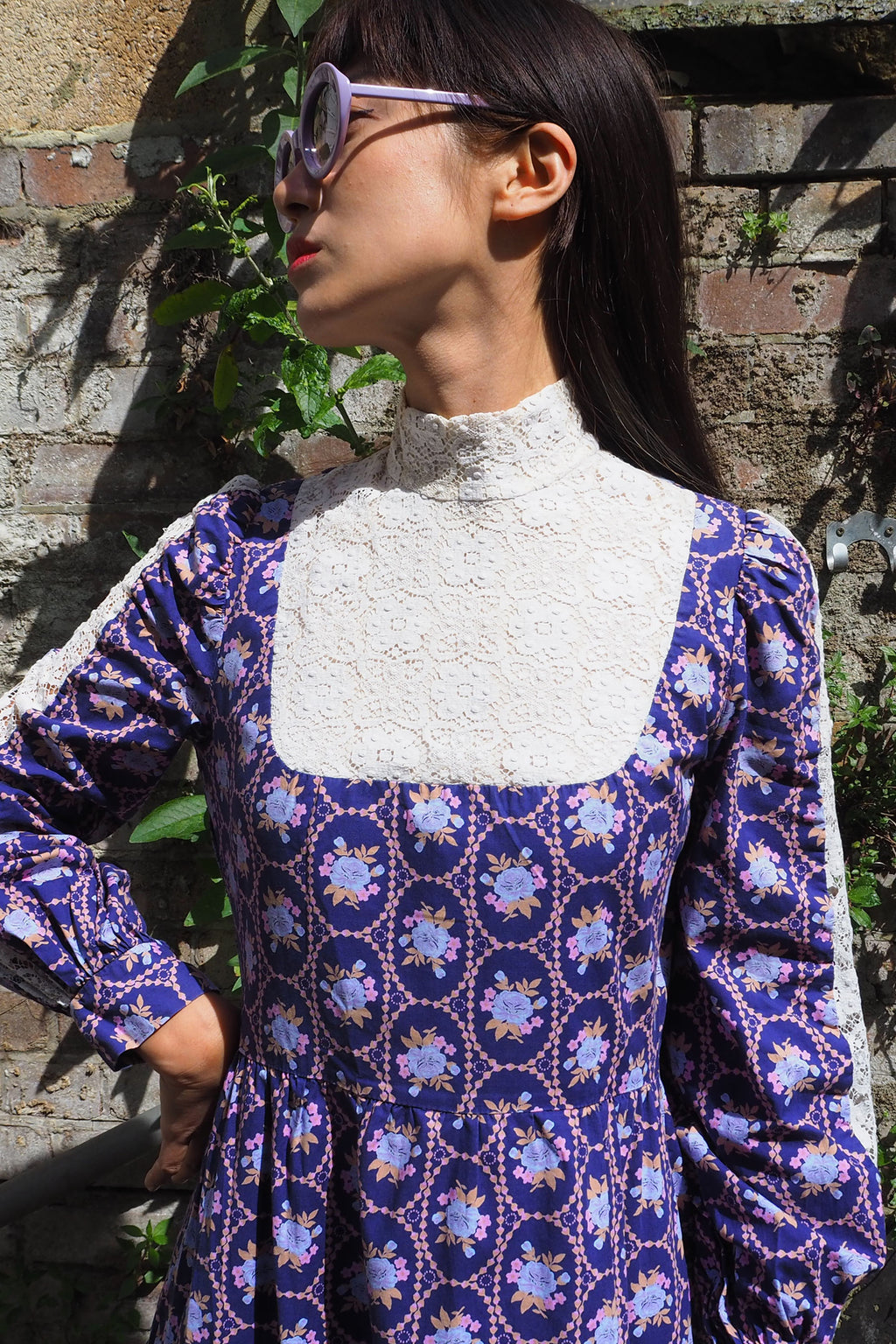 70's SHELANA of London Victorian Style Maxi Dress Navy/Purple