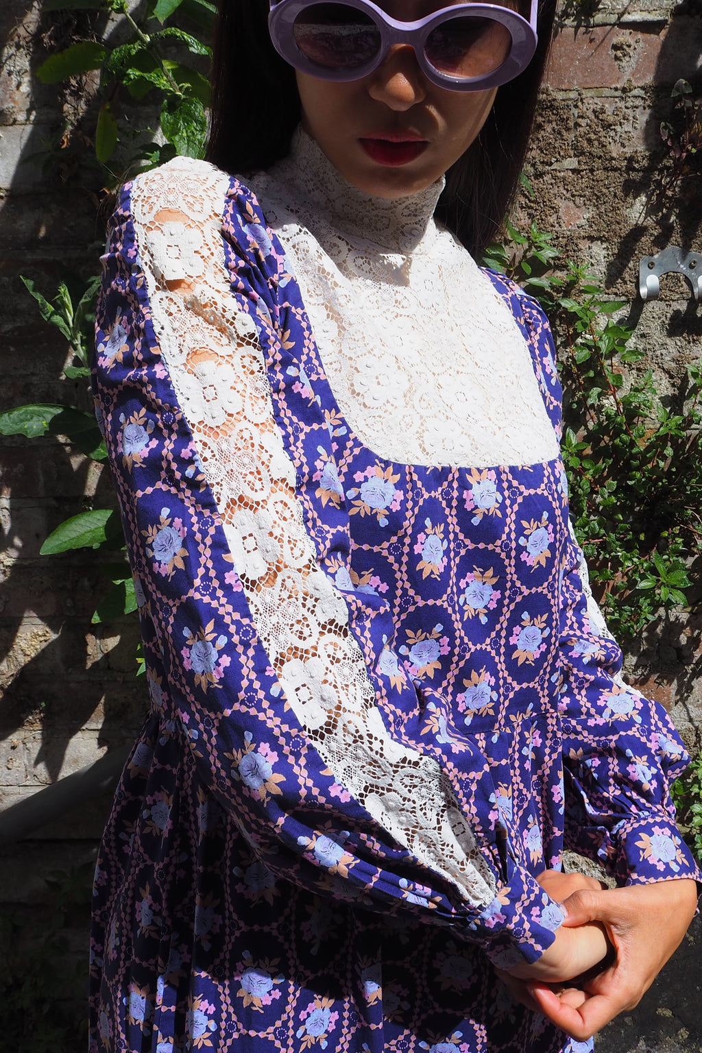 70's SHELANA of London Victorian Style Maxi Dress Navy/Purple
