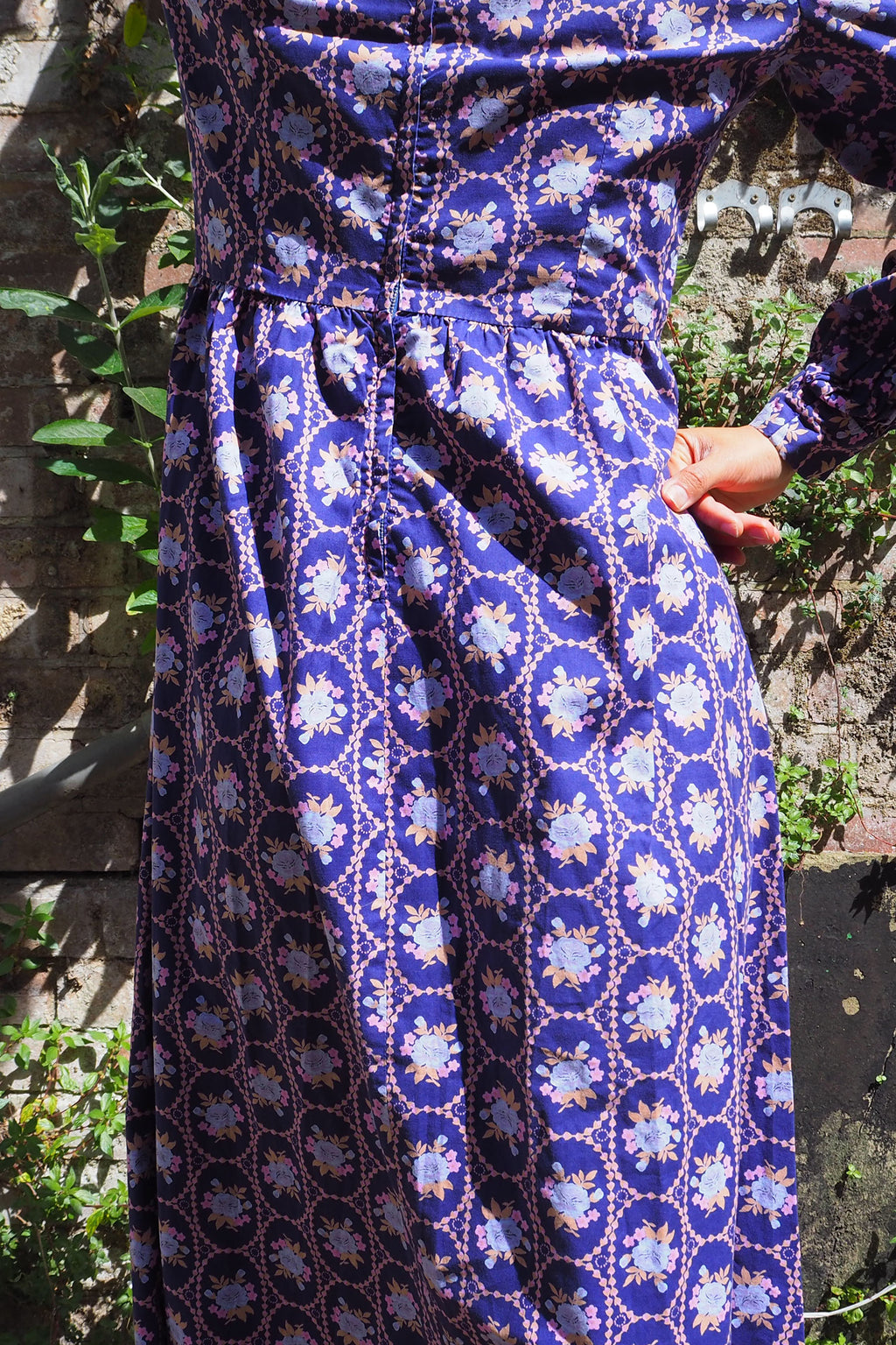 70's SHELANA of London Victorian Style Maxi Dress Navy/Purple