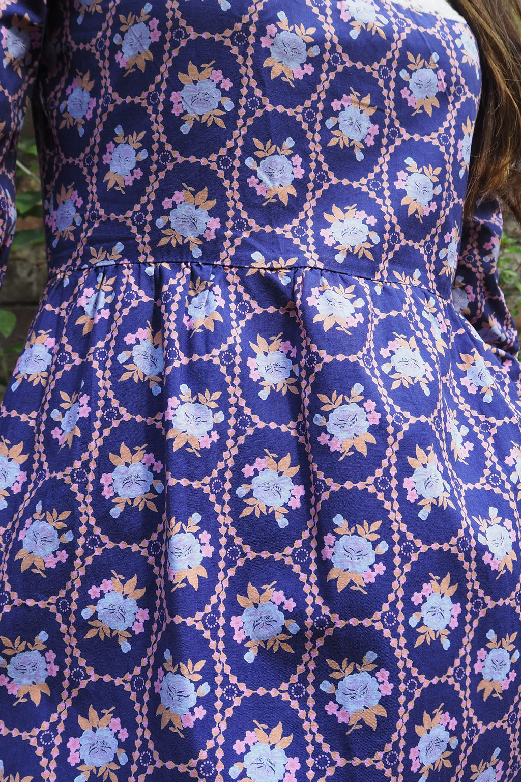 70's SHELANA of London Victorian Style Maxi Dress Navy/Purple